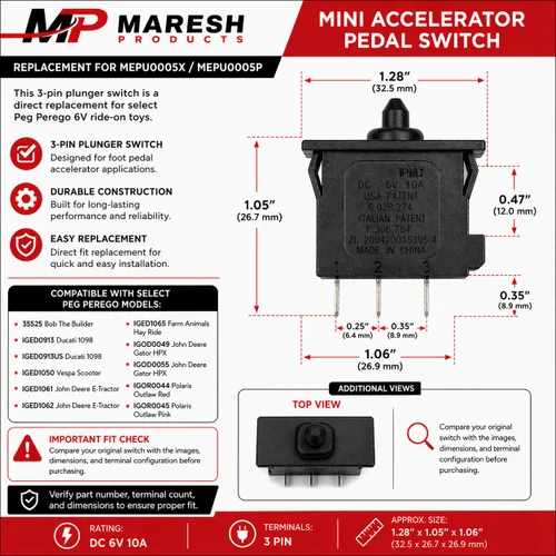 Vista 3 de MP Maresh Products Mini interruptor de pedal acelerador de repuesto para MEPU0005X/MEPU0005P, interruptor de pie de émbolo de 3 pines, aprox. 1.28 x