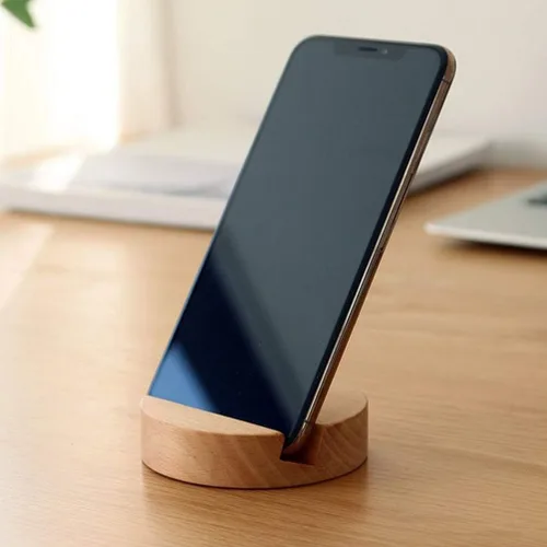 Vista 2 de Cabilock Soporte de madera para teléfono móvil, base redonda, soporte de escritorio para teléfono celular, compatible con teléfonos inteligentes