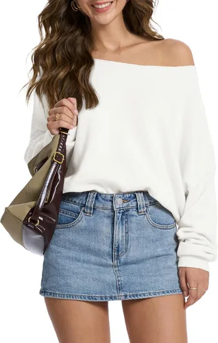 Vista 10 de FAlABLE - Suéter para mujer con hombros descubiertos y cuello barco, pullover holgado de manga larga, acogedor de punto, para otoño e invierno, tops