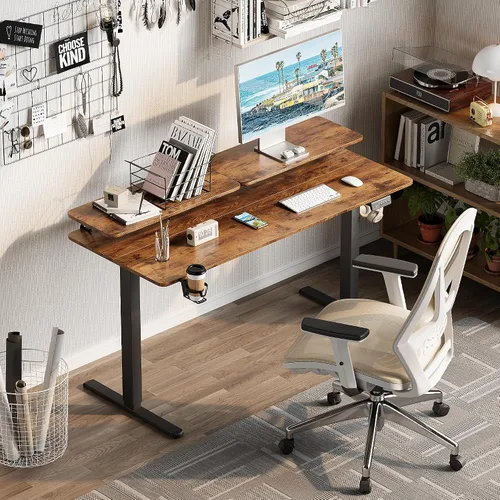 Vista 2 de Furmax Escritorio eléctrico de pie con monitor y estación de trabajo para laptop, escritorio de pie ajustable de 55 x 24 pulgadas, estación