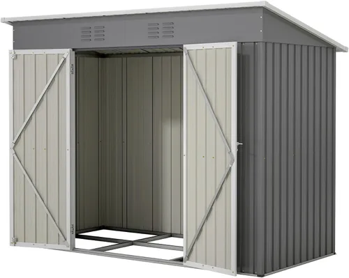 Vista 7 de Thanaddo Cobertizo de almacenamiento de metal para exteriores de 4x6 pies, cobertizo de herramientas de acero para utilidades con puertas dobles