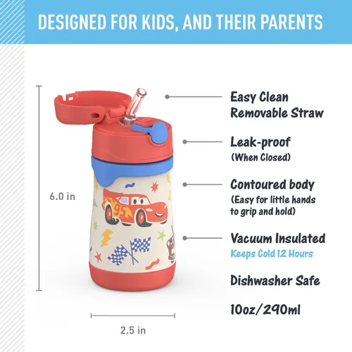 Vista 2 de Thermos Bebé 10 oz. Botella de acero inoxidable con popote emergente, coches