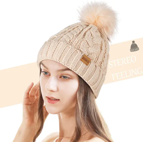 Vista 2 de REDESS Gorro de invierno con pompón para mujer con forro polar cálido gorro de esquí grueso y holgado de punto de nieve