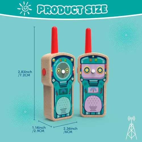 Vista 2 de Walkie Talkie Robot de madera para niños de 3 a 8 años, paquete de 2 radios de 2 vías con certificación FSC con rango de 1000 pies, fácil de empujar