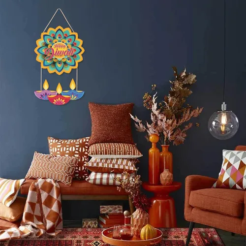 Vista 6 de LHIUEM Diwali - Letreros de madera de Happy Diwali para decoración de pared, juego de 2 (10 x 20 pulgadas), decoración de loto, pancarta india Happy
