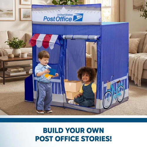Vista 2 de Kid Trax USPS - Tienda de campaña desplegable Cape Cod Pretend de oficina de correos, juguetes para niños, carpas interiores para niños, juguetes