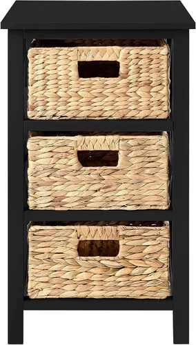 Vista 4 de eHemco Mesa auxiliar de 3 niveles con diseño en X y cestas de mimbre para mesita de noche, sala de estar, negro 3 cestas de mimbre, para mesita