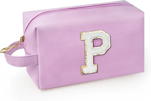 Vista 40 de Bolsa de maquillaje personalizada con inicial con asa, bolsa de cosméticos de preparación con bolsillo interior con cremallera, 8, 9, 10, 11, 12 Rosa