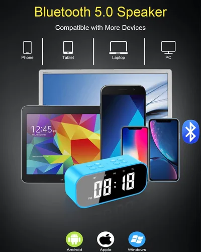 Vista 4 de AFK Reloj despertador digital con altavoz Bluetooth, reloj de escritorio para dormitorios, reloj de mesa pequeño con alarma dual, repetición, Azul