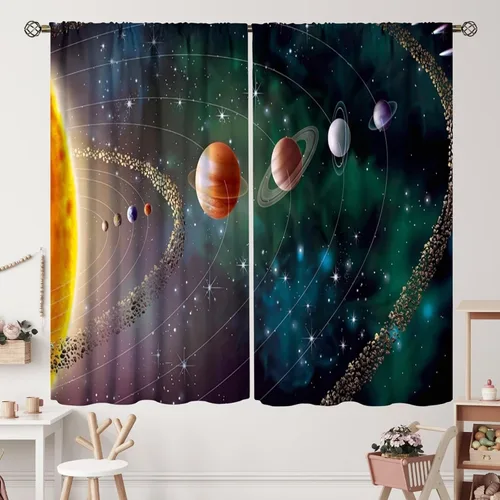 Vista 43 de Cortinas de planeta galaxia, espacio exterior, universo, nebulosa, estrellas, cielo estrellado, con bolsillo para cortinero, para sala de estar