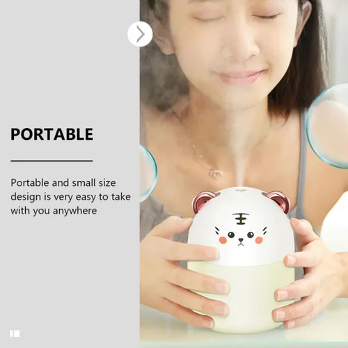 Vista 9 de Wakauto Mini humidificador USB con diseño de tigre de dibujos animados, humidificador de aire portátil para oficina, dormitorio, escritorio, luz