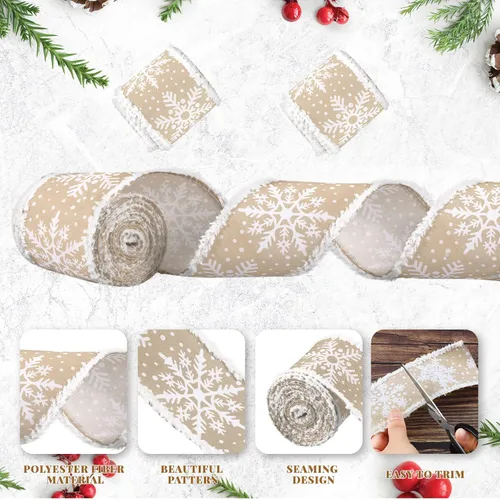 Vista 3 de 2 rollos de cinta de copo de nieve con borde con alambre para árbol de Navidad, cinta decorativa de temporada para Navidad, decoración de invierno