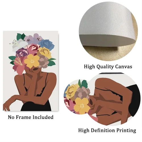 Vista 7 de Juego de 3 pinturas de pared afroamericanas con diseño de flores negras para mujer, diseño de cabeza negra, pintura en lienzo, cuadros sin marco