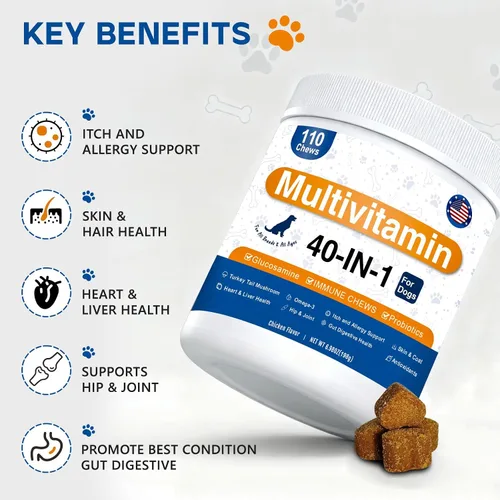 Vista 4 de Multivitamínico para perros, vitaminas y suplementos masticables 40 en 1 para perros, contienen probióticos, Omega-3, glucosamina, multivitamínico
