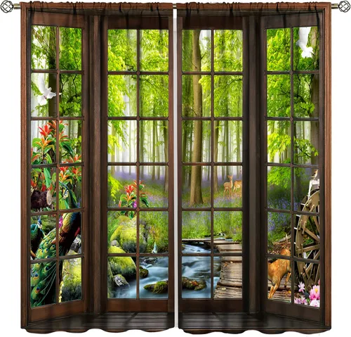 Vista 16 de Cortinas con Vista Natural, Estampado de Patrón de Río y Bosque Hermoso para Ventana, Cortinas Oscuras Aisladas para Dormitorio o Sala de 2 Paneles
