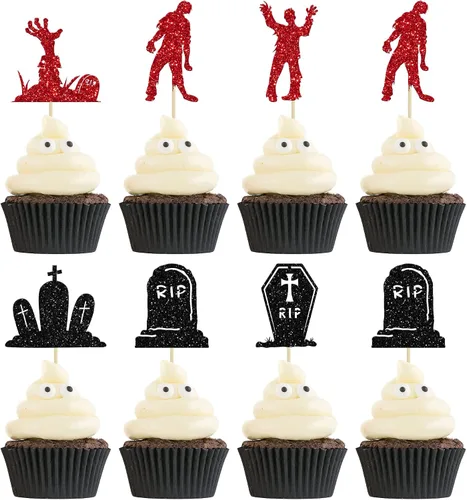 Vista 7 de Ephlyn 24 adornos negros para tartas de Halloween con purpurina fantasma Negro Halloween