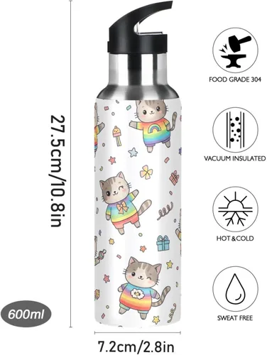 Vista 9 de Cute Cartoon Cats Rainbow Insulated Stainless Steel Water Bottle with Straw 20 Oz, BPA-Free Sports Water Bottle with Straw Leakproof Water Bottles