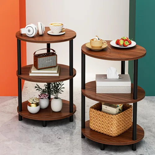 Vista 12 de Mesa auxiliar redonda pequeña, mesa decorativa ovalada de 3 niveles para espacios pequeños, mesita de noche de madera rústica y metal para sala