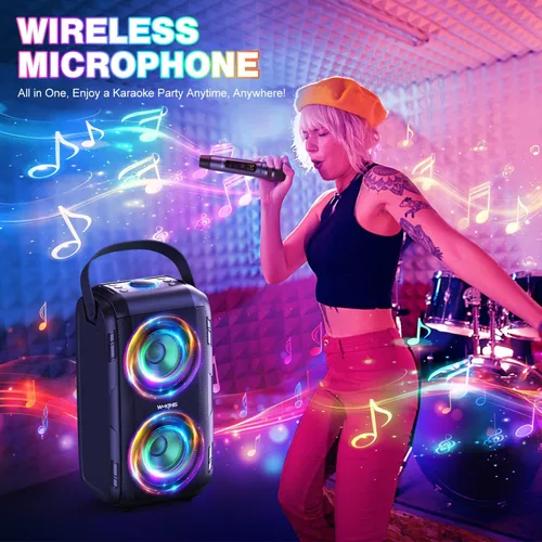 Vista 3 de W-KING Altavoz Bluetooth de 80 W con micrófono inalámbrico, altavoz Bluetooth portátil para fiesta, 2 controladores de rango completo/graves