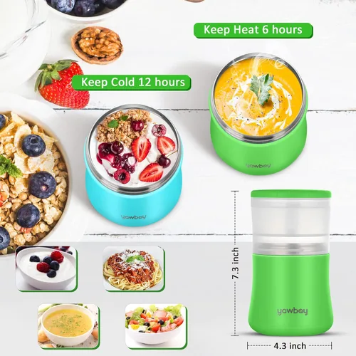 Vista 5 de Contenedor de yogur, recipiente de alimentos aislado, taza de cereales 2 en 1 sobre la marcha, tarro de alimentos aislado de acero inoxidable