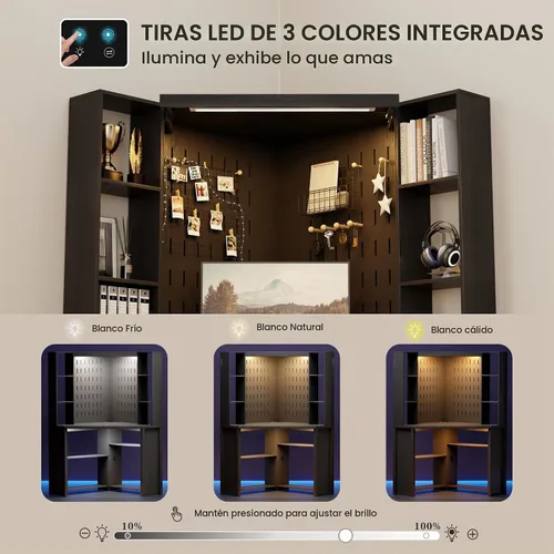 Vista 4 de Escritorio de esquina con luces LED de lectura, escritorio para computadora en forma de L con estante superior y repisas, escritorio triangular