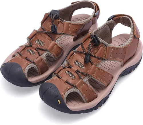 Vista 4 de Harssidanzar Sandalias de senderismo de cuero para hombre, zapatos acuáticos de verano, puntera cerrada, sandalias deportivas ligeras para caminar