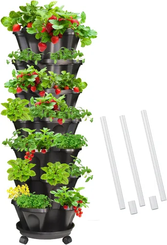 Vista 14 de Macetas verticales de fresa, paquete de 2 unidades, torre apilable de 5 niveles con poste de soporte, macetas apilables para hierbas y verduras