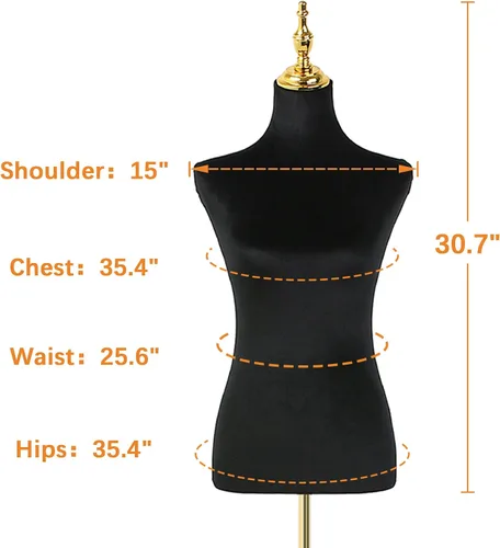 Vista 4 de Modista maniquí femenino: torso de medio cuerpo con altura ajustable, terciopelo corto negro esponjoso, base de metal dorado