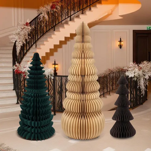 Vista 5 de 3 piezas de árbol de Navidad grande de panal, clásico, beige, verde, marrón