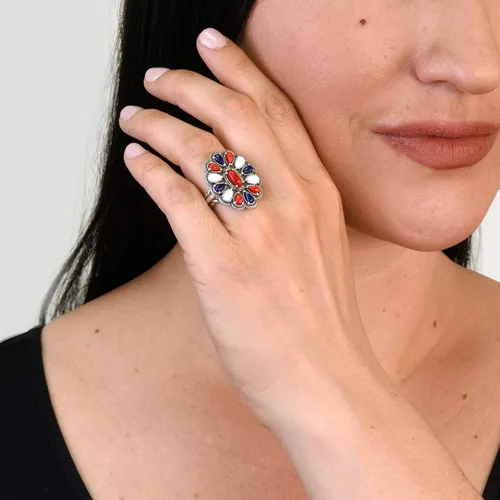 Vista 2 de American West Sterling Coral, Ágata, Lapislázuli - Anillo de racimo rojo, blanco y azul tamaños 5 a 10