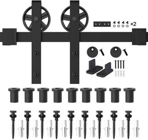 Vista 7 de WINSOON Black Big Wheel Kit de herrajes para puerta corrediza de granero de 12 pies con guía ajustable de piso de puerta de granero de doble rodillo