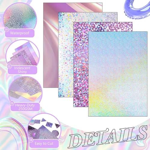 Vista 3 de Kosiz 100 hojas de cartulina holográfica metálica, cartulina brillante con purpurina iridiscente, papel de espejo iridiscente de 8.5 x 11 pulgadas