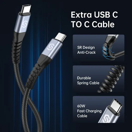 Vista 5 de Syncwire Cargador USB C para automóvil de 60 W [PD 30 W y QC 30 W] Adaptador USB de carga rápida con cable en espiral tipo C de 5FT compatible