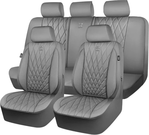 Vista 25 de Car Pass - Juego completo de fundas de asiento de lujo con ribete de cuero sintético, cubiertas de asiento automotrices antideslizantes impermeables
