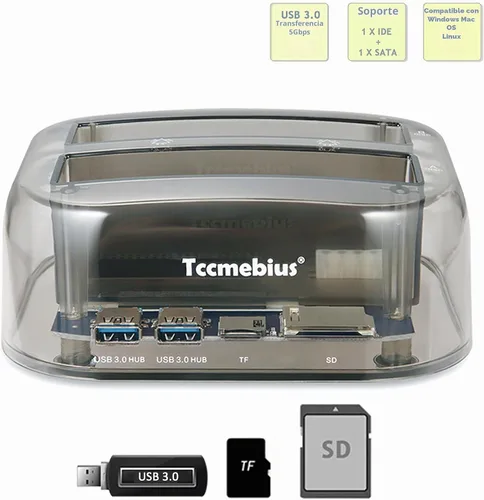 Vista 3 de TCC-S865 USB 3.0 a SATA IDE Dual Slots Externo Transparente Disco Duro Estación de Acoplamiento con Lector de Tarjetas y 2 Puertos USB 3.0 Hub