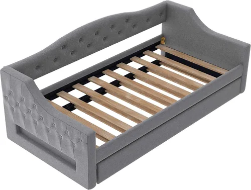 Vista 8 de Cama Diván Moderna Tamaño Twin XL con Cinturón LED y Cama Nido, Marco de Cama Plataforma de Madera con Cabecera Tapizada con Almacenamiento, Sofá
