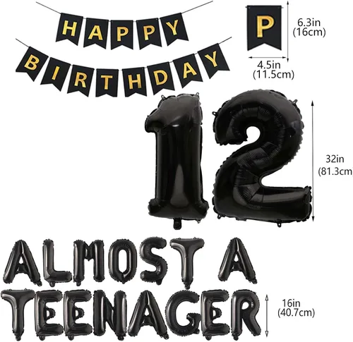 Vista 4 de Decoraciones de cumpleaños número 12 para niños, globos de aluminio con el número 12 de la frase "Almost a teenager", suministros de aniversario