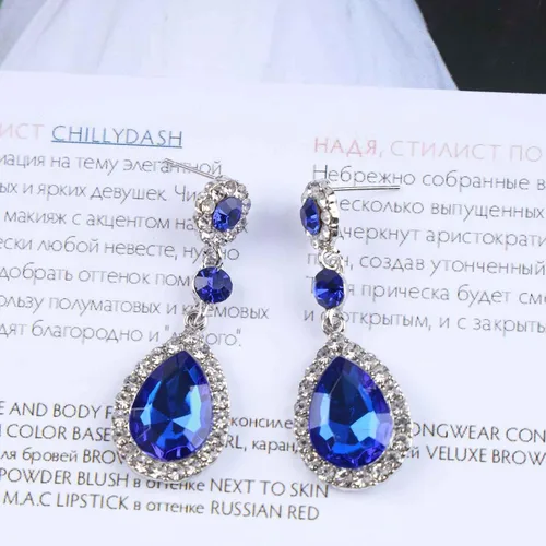 Vista 8 de Aretes de gota de cristal de zafiro vintage, aretes de zafiro en gota de agua, aretes de plata con diamantes de imitación azules, aretes de novia
