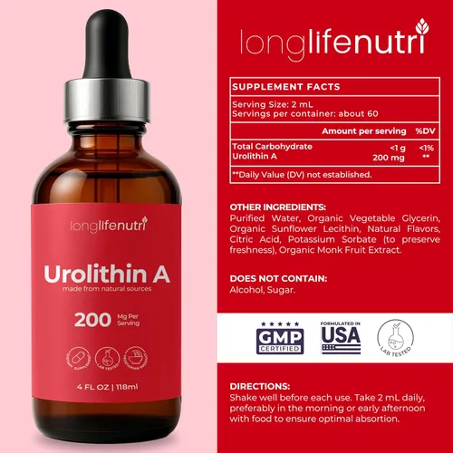 Vista 2 de Suplemento líquido de urolitina A, 200 mg por porción de 0.1 fl oz, botella de 4 onzas líquidas, formulado en EE. UU., Alternativa a la cápsula