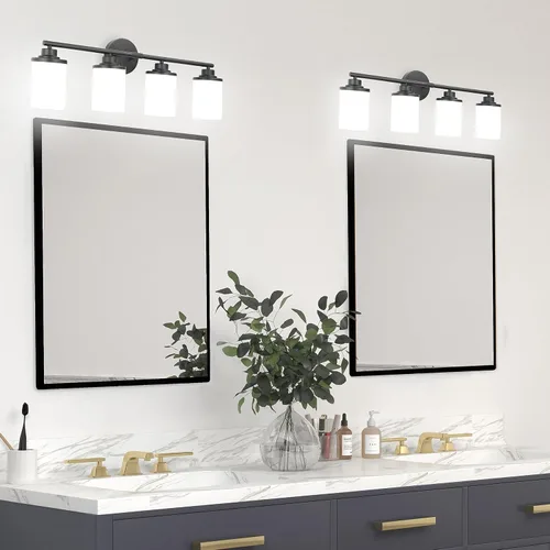 Vista 5 de Lámparas de baño, luces de baño negras mate, luz de tocador de 4 luces sobre espejo, moderna lámpara de tocador con vidrio esmerilado