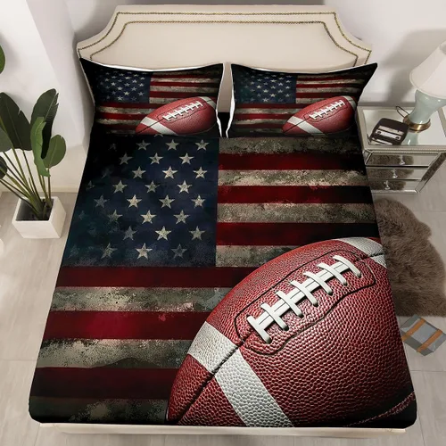 Vista 2 de Erosebridal Sábana bajera ajustable con la bandera estadounidense, sábanas de fútbol para niños, juego de ropa de cama de fútbol individual, juego