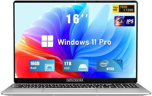 Vista 11 de FUNYET Portátil para Juegos, Computadora Portátil 2025, Laptop de 16 Pulgadas Win 11 Pro, 16GB RAM 1TB SSD, Procesador N150 (hasta 3.6GHz), Teclado