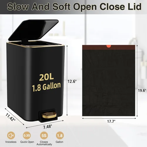 Vista 5 de XLHOMO Cubo de basura pequeño para baño con tapa de cierre suave, cubo de basura de acero inoxidable de 1.8 galones con cubo interior extraíble, 80