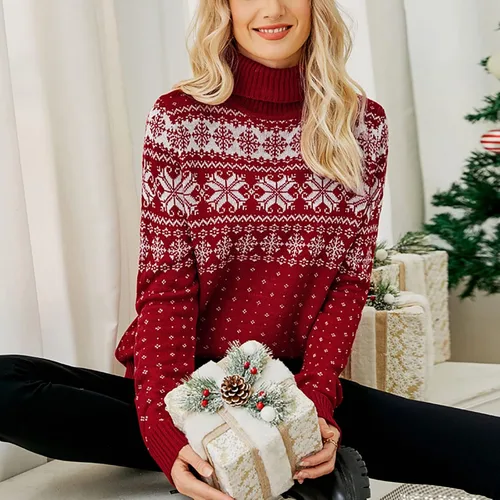 Vista 2 de Suéter de Navidad para mujer, diseño de copo de nieve, suéter de punto suave, cuello alto, estampado, ropa de Navidad