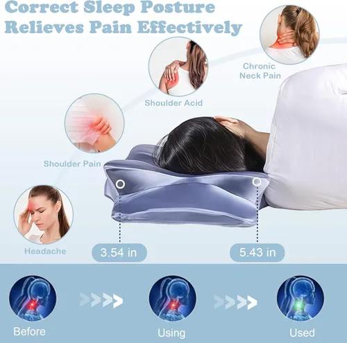 Vista 3 de Almohada cervical para aliviar el dolor de cuello y hombros, almohadas de espuma viscoelástica inodoras y funda de seda suave, para personas que