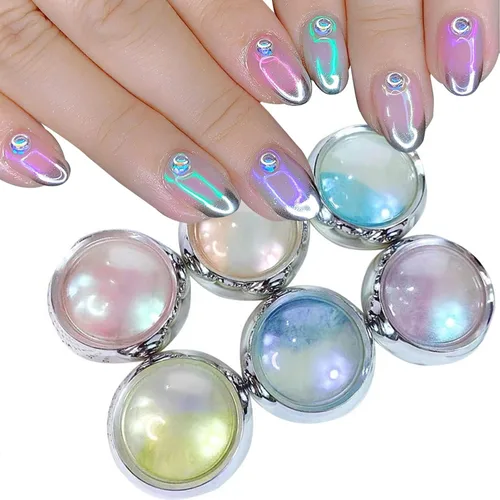 Vista 5 de 6 colores para arte de uñas Gliiter holográfico en copos de uñas para arte de uñas, polvo de uñas reflectante con purpurina para mujeres y niñas