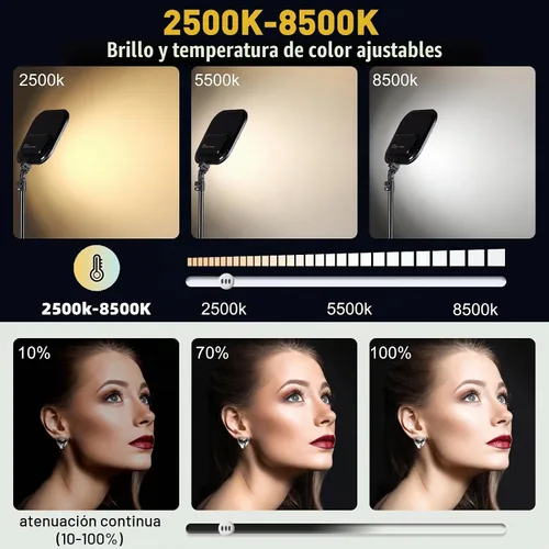 Vista 3 de Paquete de 2 luces LED de video, luz de estudio de 15 W, temperatura de color de 2500-8500 K con soporte de trípode y soporte para teléfono