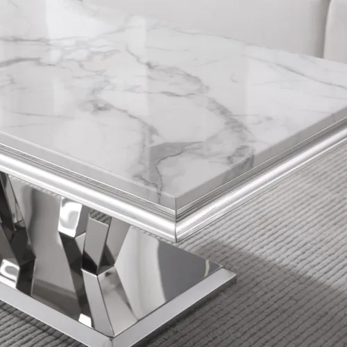 Vista 5 de Mesa auxiliar rectangular moderna de mármol blanco con parte superior de mármol de 0.71 pulgadas de grosor, base de acero inoxidable en forma de U