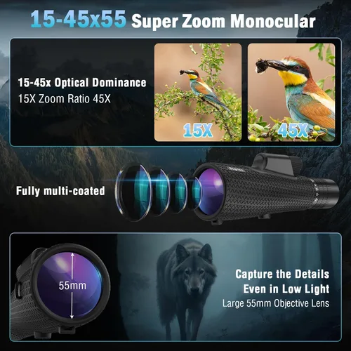 Vista 2 de Telescopio monocular del zoom del poder más elevado 15-45x55 para la observación de aves de los adultos