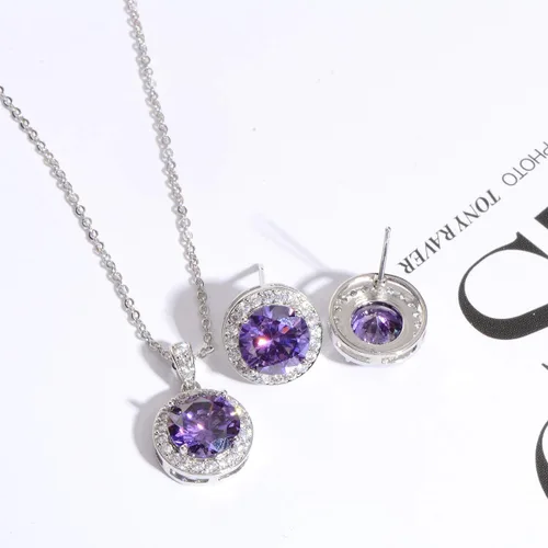 Vista 4 de Juego de joyas de cristal para novia, plata de ley, circonita cúbica redonda, circonita cúbica, diamantes de imitación, halo de piedra natal, collar